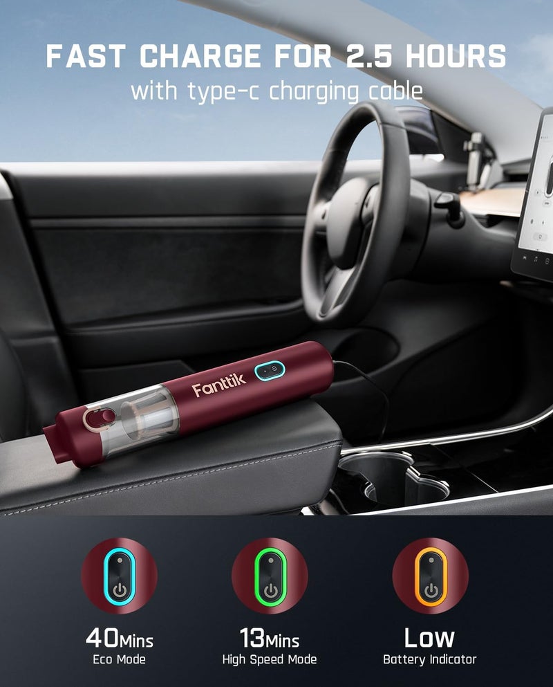 Fanttik Slim V8 APEX Car Vacuum, 4-in-1 Portable Mini Cordless Vacuum with 19000pa Suction Power, Type-C Charge, 2 Suction Modes, Handheld Vacuum for Small Jobs, Car, Office Desk, Keyboards (Red) - Image 4